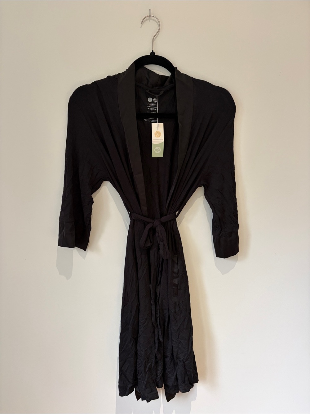Kindred Bravely Black Satin-Trim Kimono Robe with Tie